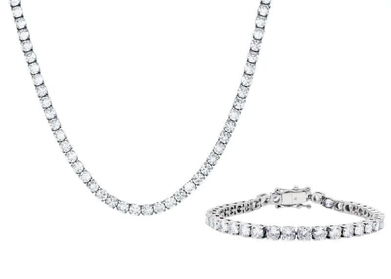 Women’s anniversary bracelets-Mens Stainless Steel 5mm Cubic Zirconia Tennis Bracelet And Necklace Set