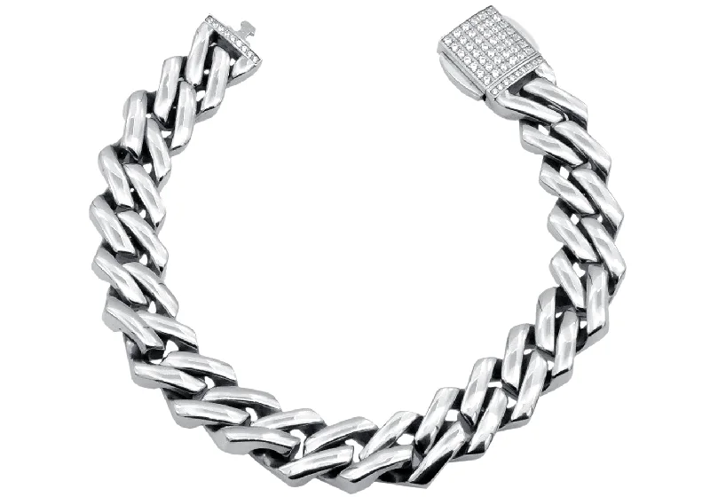 Women’s twisted bangles-Mens 14mm Stainless Steel Closed Link Curb Chain Bracelet With Cubic Zirconia Embedded Box Clasp