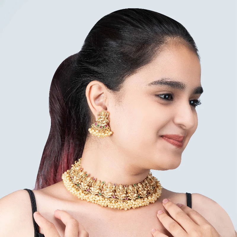 Women’s zodiac necklaces-Nipura Golden Shree Ganesh Pearl Necklace set