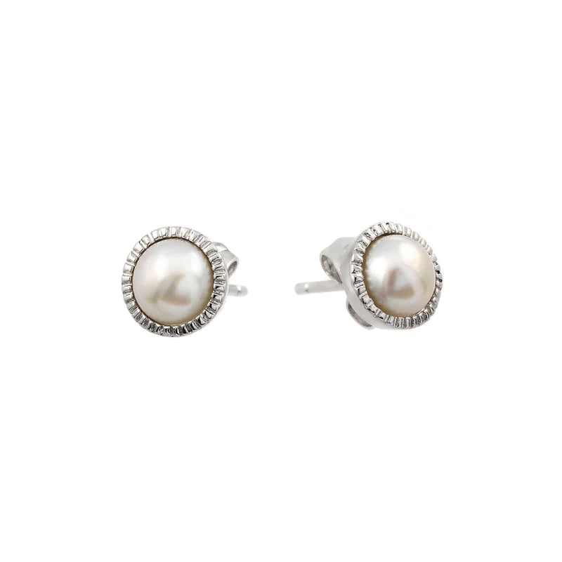 Women’s rhinestone earrings-Silver 925 Rhodium Plated Round CZ Inlay Center Fresh Water Pearl Stud Earrings