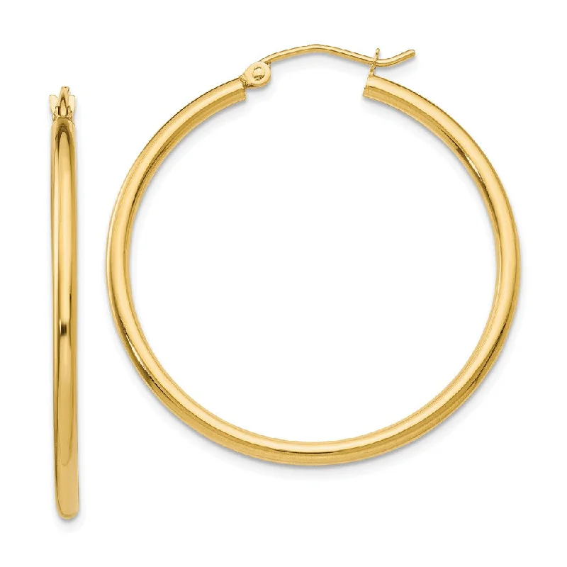 Women’s heart hoop earrings-2mm, 14k Yellow Gold Classic Round Hoop Earrings, 35mm (1 3/8 Inch)