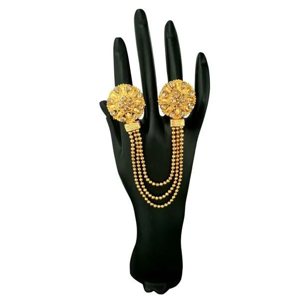 Women’s trendy gold rings-Kriaa Brown Austrian Stone Chain Double Finger Ring - 1503206