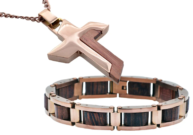 Women’s simple bangles-Mens Wood And Chocolate Stainless Steel Cross Pendant And Bracelet Set