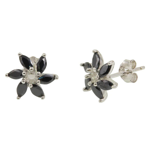 Women’s pearl earrings-Sterling Silver 925 Rhodium Plated Black 6 Petal Flower Stud Earrings