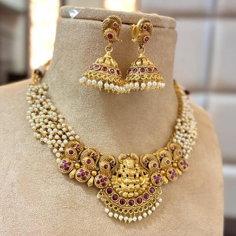 Women’s ruby necklaces-Jewel Addiction Gold Plated Pota Stone And Pearls Temple Necklace Set