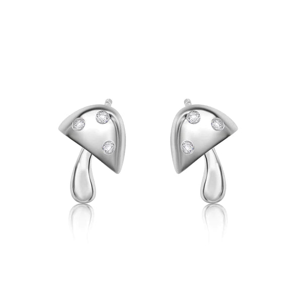 Women’s pearl drop earrings-Silver 925 Rhodium Plated Mushroom Clear CZ Stud Earrings