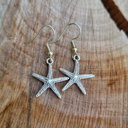 Women’s gold earrings-Small Silver Starfish Boho Earrings  - Beachy Bohemian Jewellery