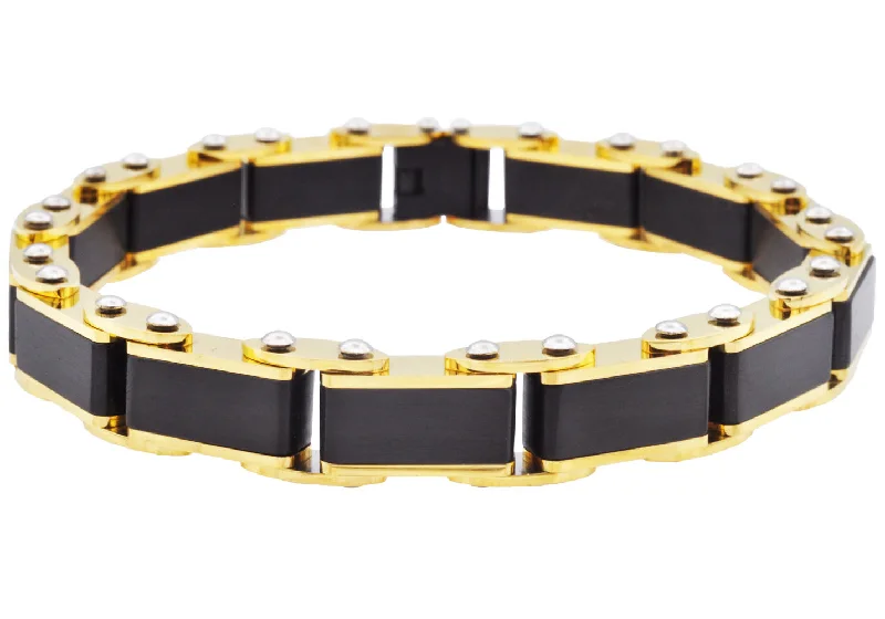 Women’s adjustable bangles-Mens Two Tone Black And Gold Stainless Steel Bracelet With Pins