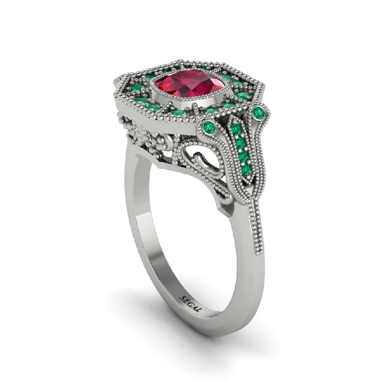 Women’s affordable engagement rings-Ruby Cushion Cut Art Deco Engagement Ring - Kristin No. 27