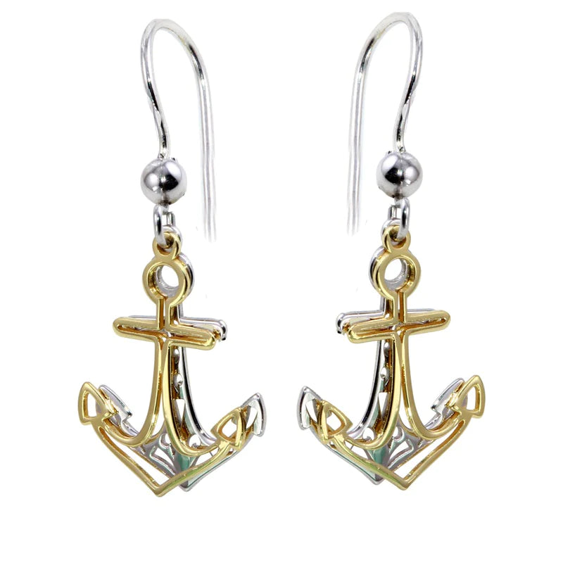 Women’s gemstone earrings-Silver 925 Two-Toned Flat Anchor Earrings