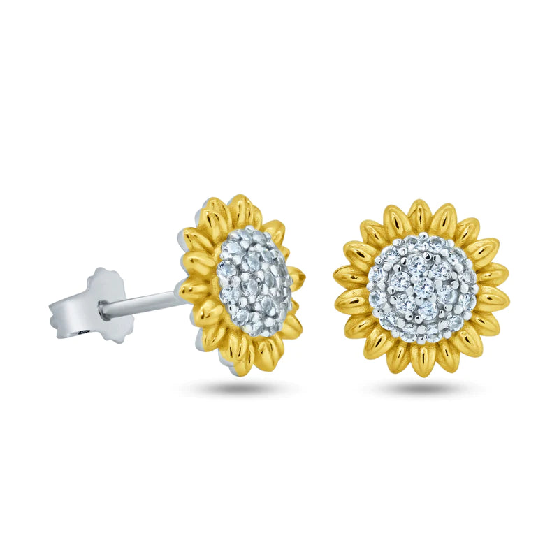 Women’s anniversary earrings-Sterling Silver Rhodium Plated 2 Toned Sunflower CZ Stud Earrings