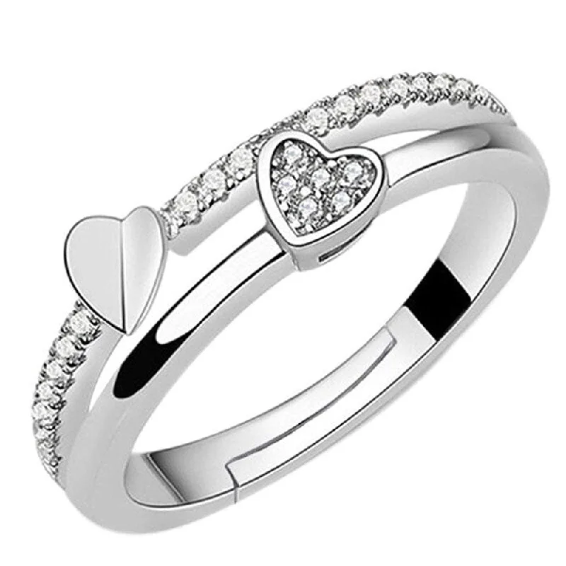 Women’s unique wedding bands-Mahi Valentine Gift Proposal Dual Heart Adjustable Finger Ring with Crystal for Women (FR1103197R)