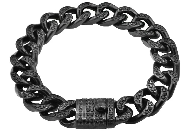 Women’s pearl bangles-Mens Black Stainless Steel Curb Link Chain Bracelet With Cubic Zirconia