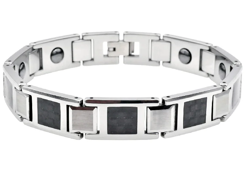 Women’s square-shaped bracelets-Mens Two-Toned Black and White Carbon Fiber Tungsten Bracelet