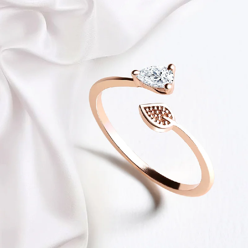 Women’s sterling silver rings-Mahi Rose Gold Plated Leaf Shaped Adjustable Finger Ring with Cubic Zirconia for Women (FR1103165ZWhi)