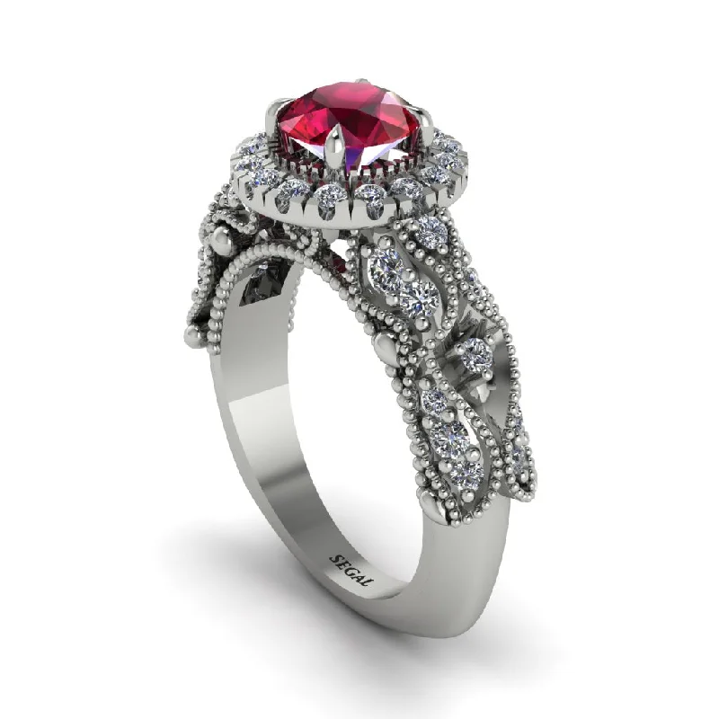 Women’s marquise engagement rings-Exclusive Halo Ruby Milgrain Engagement Ring - Kendra No. 12