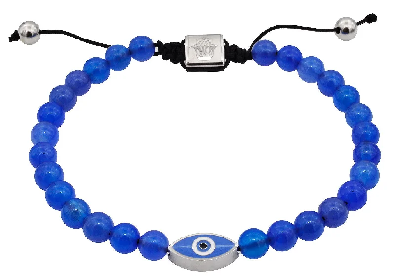 Women’s layered bracelets-Mens Genuine Blue Agate 6mm Bead Stainless Steel Drawstring Evil Eye Bracelet