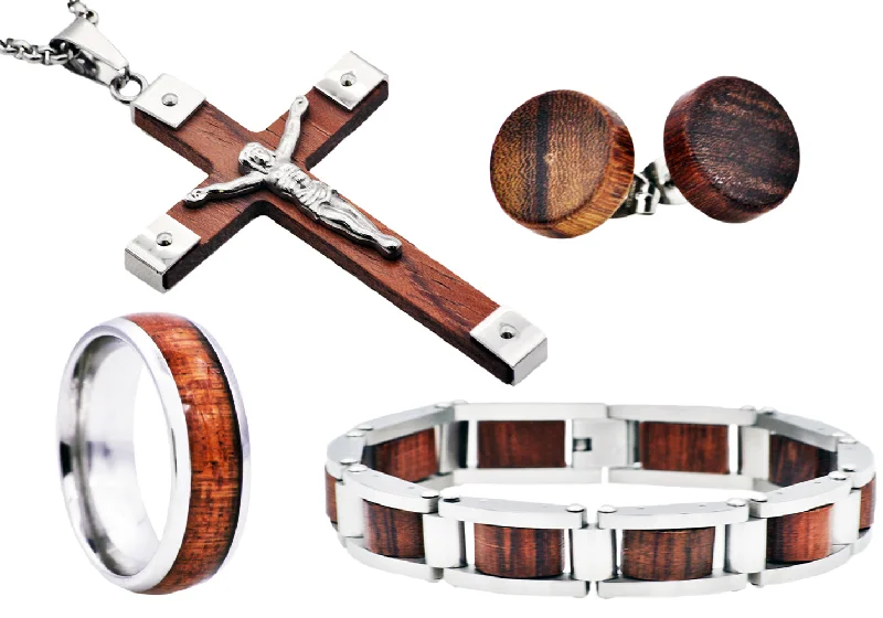 Women’s layered bracelets-Mens Wood And Stainless Steel Cross Pendant Bracelet Ring And Earring Set