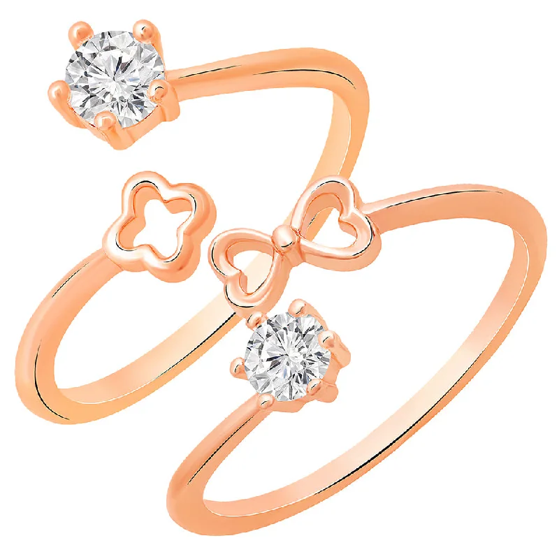 Women’s wedding rings-Mahi Rose Gold Plated Combo of 2 Floral and Heart Adjustable Finger Rings with Cubic Zirconia for Women (CO1105446Z)