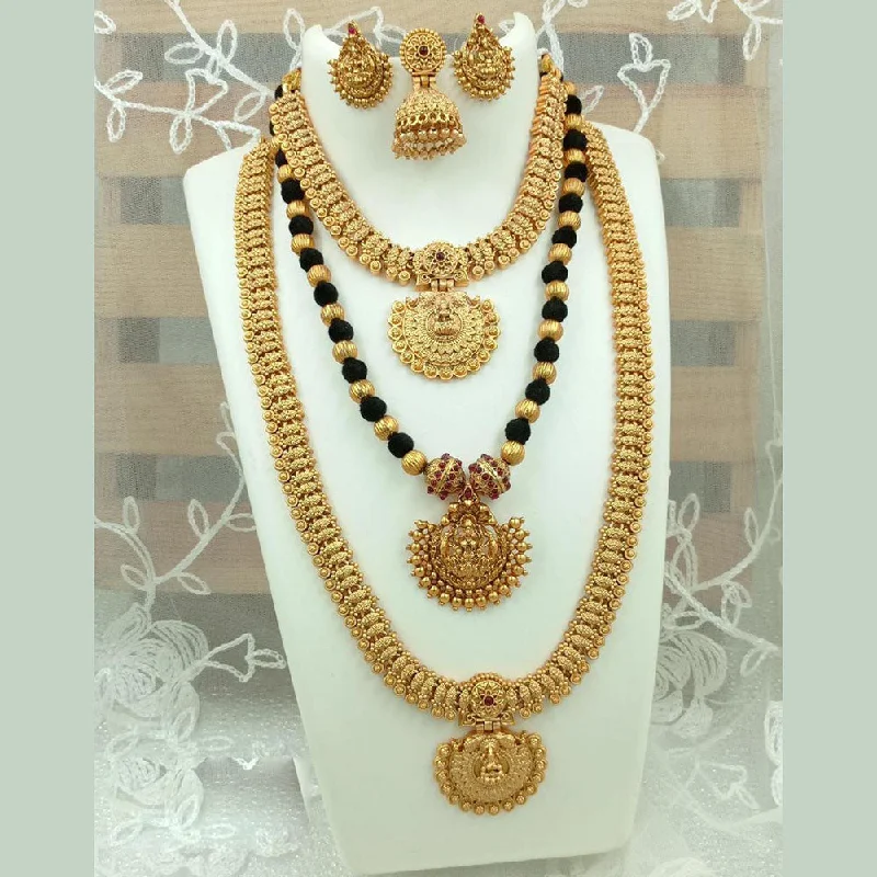 Women’s romantic rose necklaces-Fs Collection Gold Plated Pota Stone Temple Long Necklace Combo Set