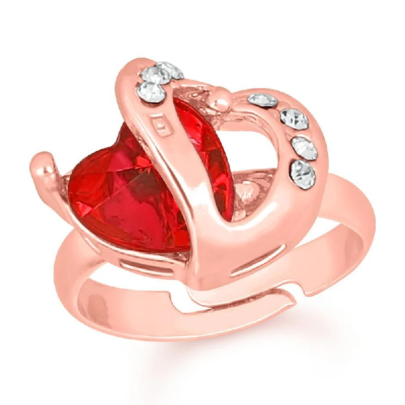 Women’s silver rings-Mahi Rose Gold Plated Dual Heart Love Finger Ring With Crystal Stone