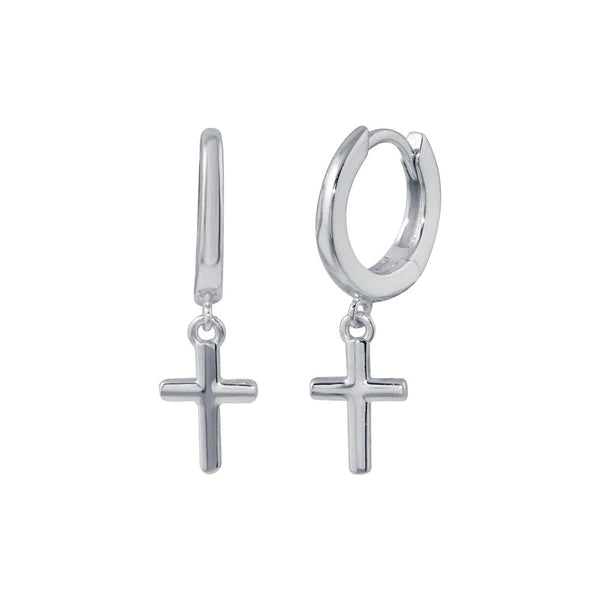 Women’s simple stud earrings-Silver 925 Rhodium Plated Huggie Hoop Cross Earrings