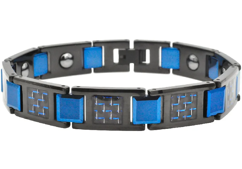 Women’s inspirational bracelets-Mens Two-Toned Black and Blue Carbon Fiber Tungsten Bracelet