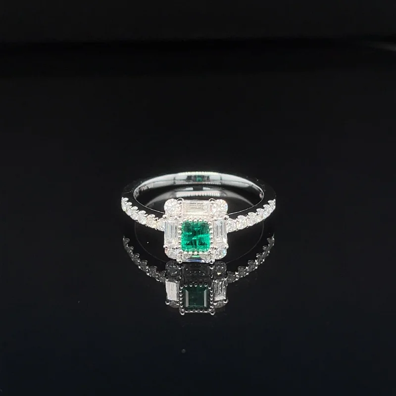 Women’s engagement rings with emerald diamonds-Emerald & Diamond Cushion Halo Engagement Ring in 18k White Gold - #607 - RGEME065955