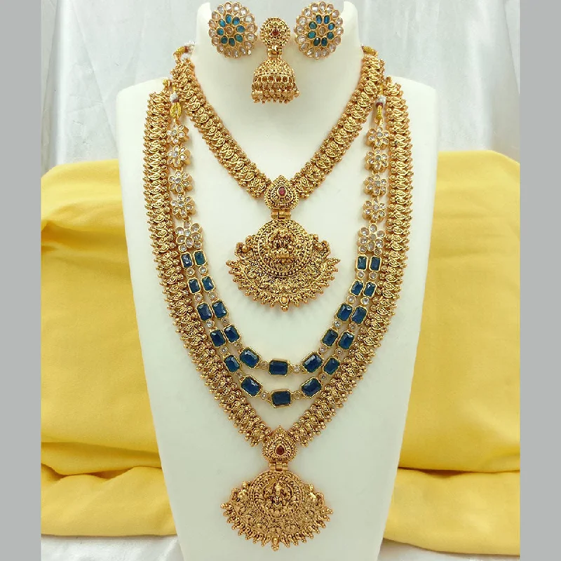 Women’s pendant necklaces-Joyful Jewel Art Matte Gold Plated Crystal Stone Temple Necklace Combo