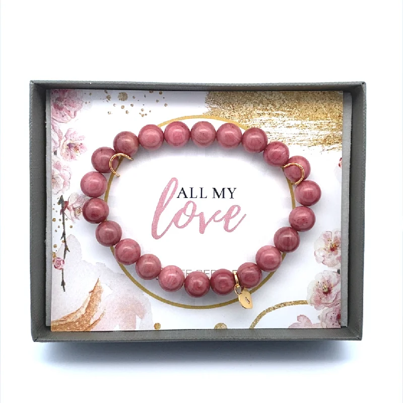 Women’s engraved bracelets-Gold Filled Heart Charm & Rhodonite Bead Stretch Bracelet by Dee Berkley