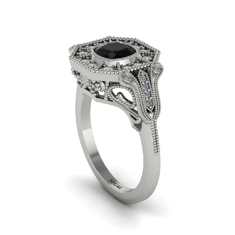 Women’s engagement rings with diamond baguettes-Black Diamond Cushion Cut Art Deco Engagement Ring - Kristin No. 9