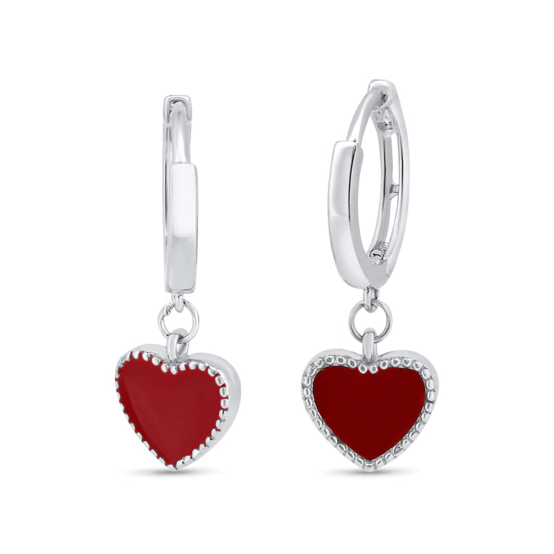 Women’s oversized earrings-Silver 925 Rhodium Plated Red Enamel Heart 10mm Hoop Earrings