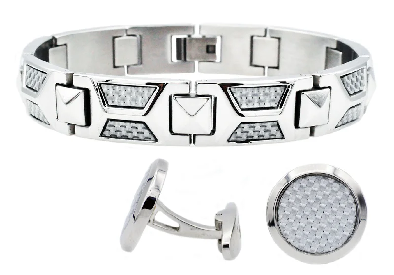 Women’s ethnic bangles-Mens Stainless Steel And White Carbon Fiber Bracelet And Cufflink Set