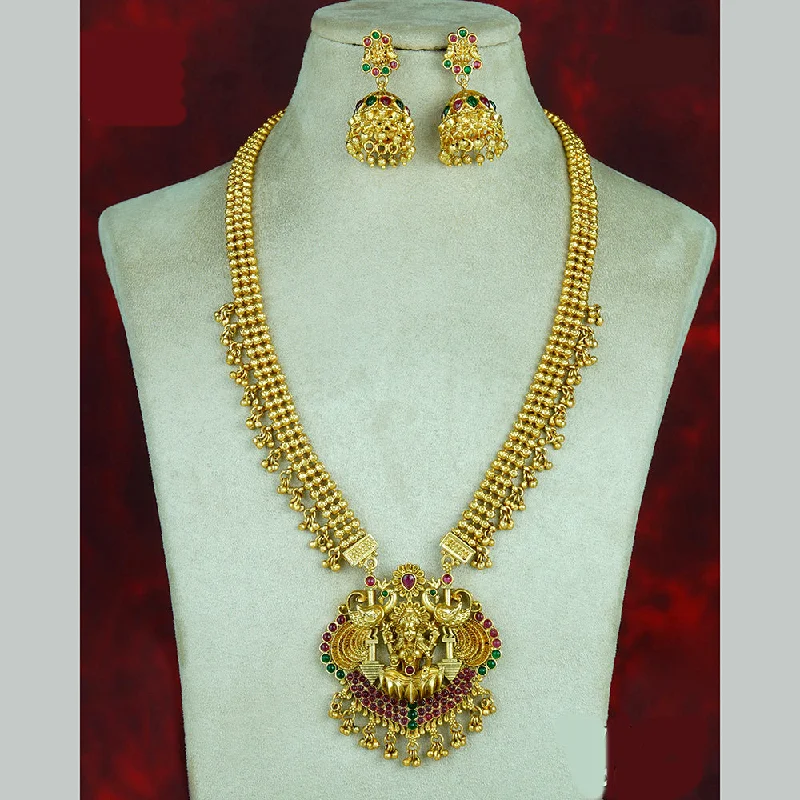 Women’s fashion necklaces-Diksha Collection Gold Plated Pota Stone Temple Long Necklace Set