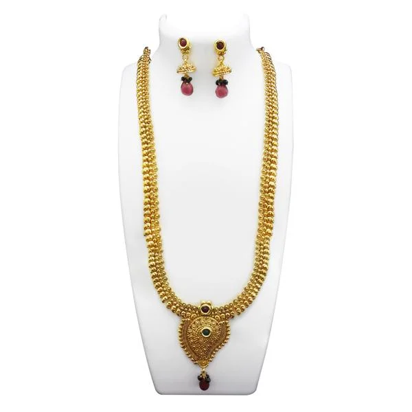 Women’s textured necklaces-Utkrishtt Gold Plated Maroon Pota Stone Copper Necklace Set - 1108332