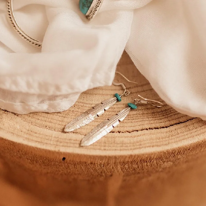 Women’s diamond hoop earrings-Navajo Feather Turquoise Earrings - Sterling Silver