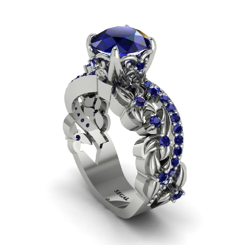 Women’s stackable engagement rings-Round Floral Cathedral Sapphire Engagement Ring - Lindsay No. 75