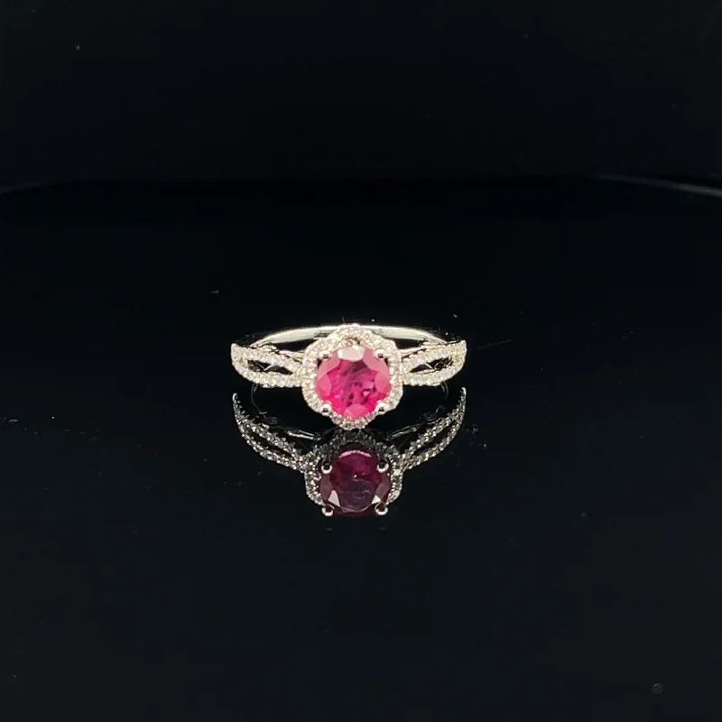 Women’s engagement rings with floral halo-Ruby & Diamond Halo Entwined Split Shank Engagement Ring - (#104-RGRUB104765)