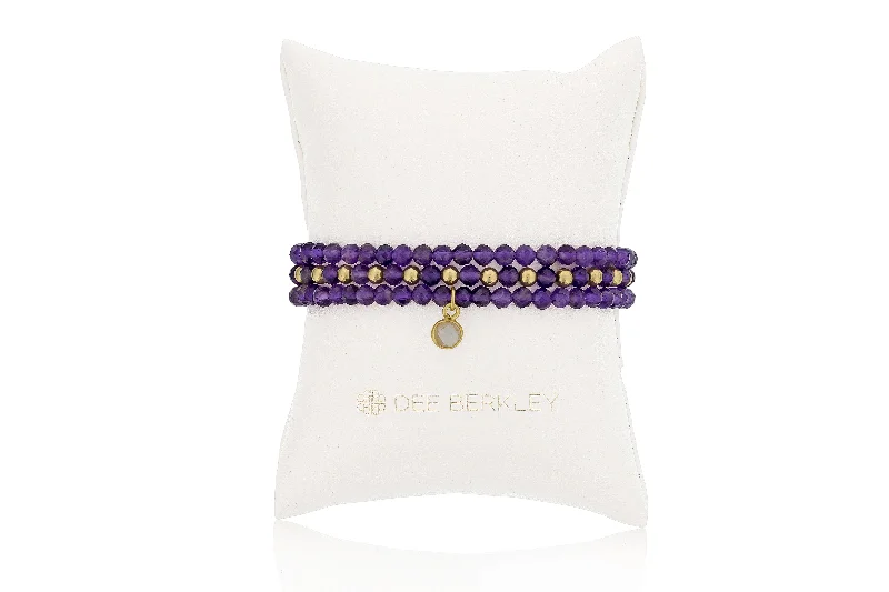 Women’s personalized cuff bracelets-Amethyst & Gold Filled Bead Stretch Bracelet Set by Dee Berkley