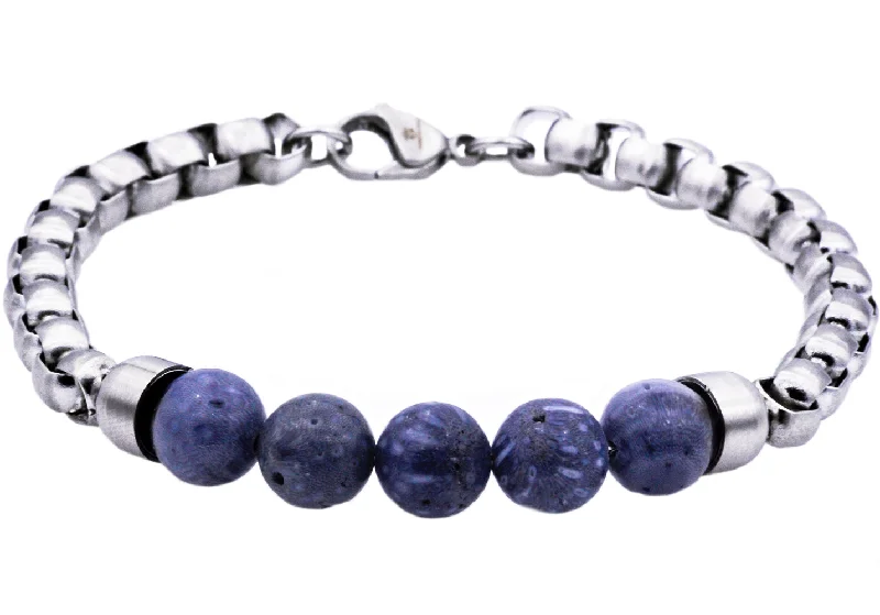 Women’s friendship bracelets-Mens Genuine Blue Coral Stainless Steel Beaded And Rolo Link Chain Bracelet