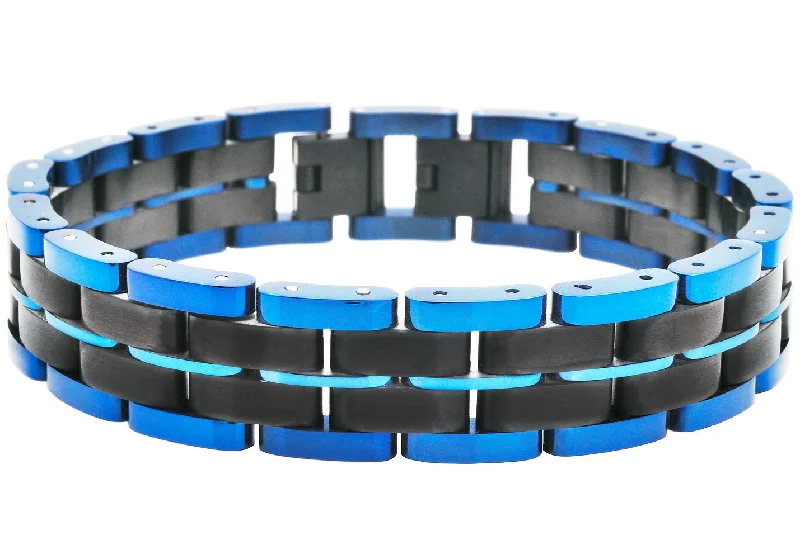 Women’s carved bracelets-Mens Two Toned Blue and Black Stainless Steel Bracelet