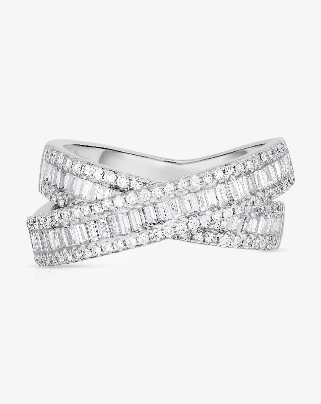 Women’s sterling silver engagement rings-Petite Baguette Crossover Ring