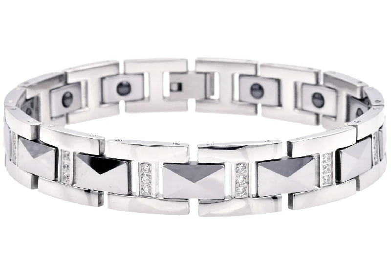 Women’s casual bracelets-Mens Tungsten Link Bracelet With Cubic Zirconia