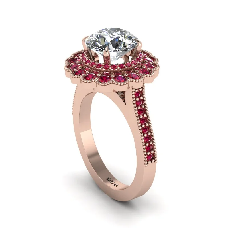 Women’s engagement rings with colored stones-Ruby Double Halo Cathedral Engagement Ring - Deirdre No. 47