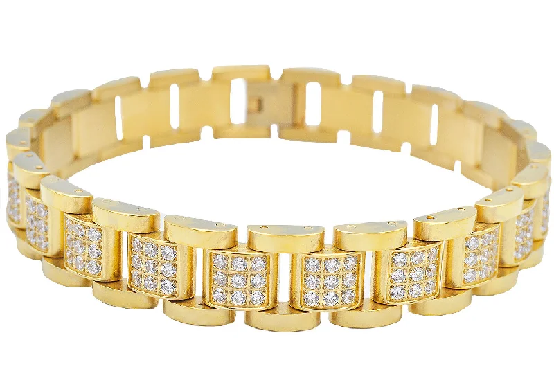 Women’s layered bracelets-Mens Gold Stainless Steel Link Bracelet With Cubic Zirconia