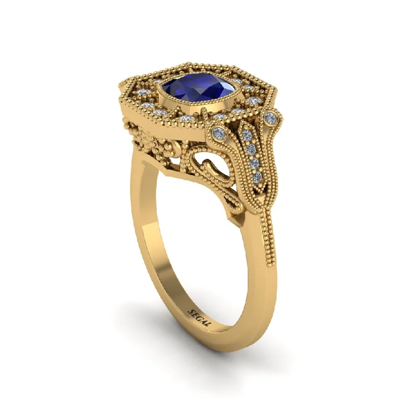 Women’s engagement rings with thin band-Sapphire Cushion Cut Art Deco Engagement Ring - Kristin No. 13