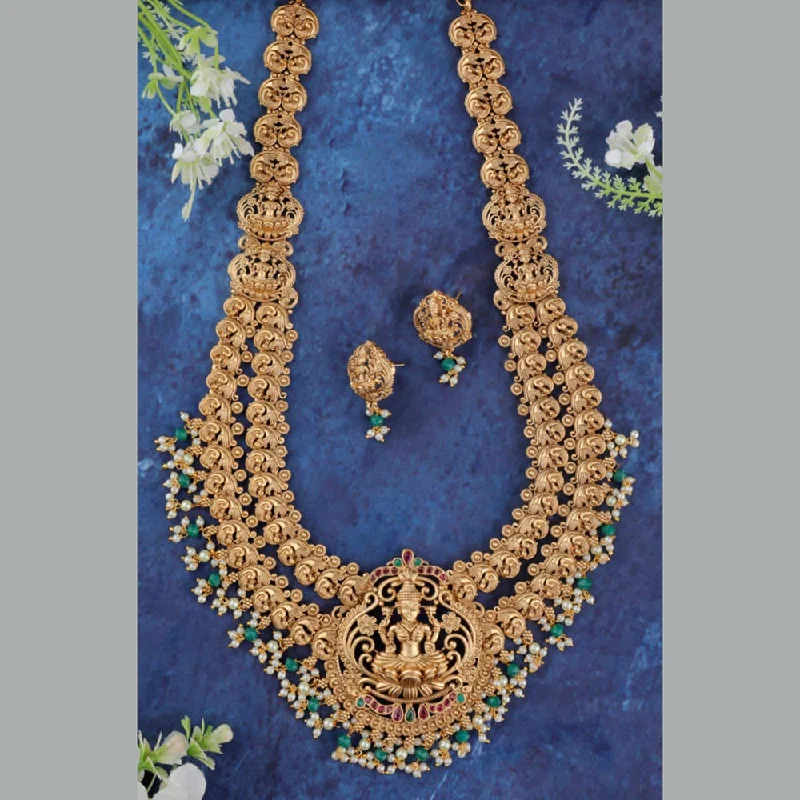 Women’s custom necklaces-Sangita Creation  Copper Gold  Pota Stone Temple Long  Necklace Set