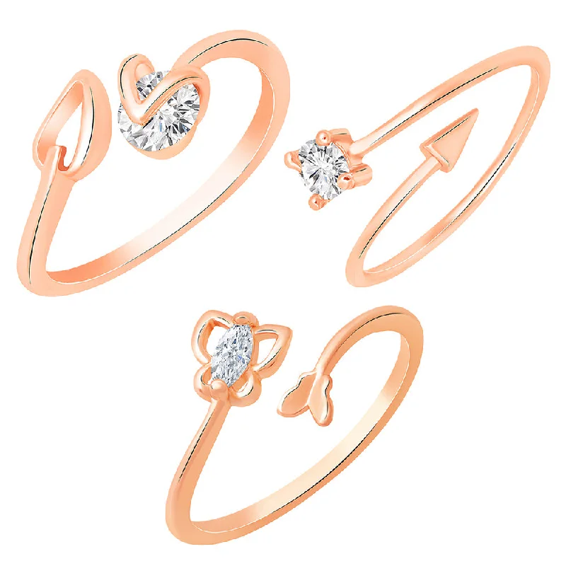 Women’s vintage rings-Mahi Rose Gold Plated Combo of 3 Adjustable Finger Rings with Cubic Zirconia for Women (CO1105444Z)