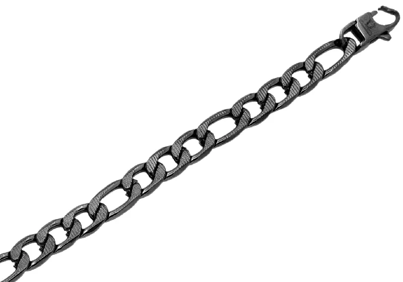 Women’s multi-strand bracelets-Mens Black Plated Textured Stainless Steel Figaro Link Chain Bracelet