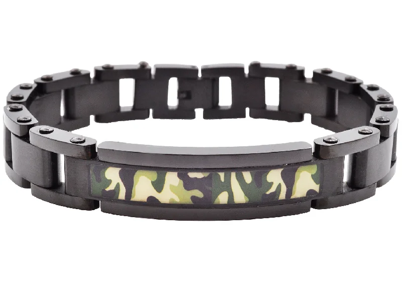 Women’s casual bracelets-Mens Black Stainless Steel Camo ID Bracelet